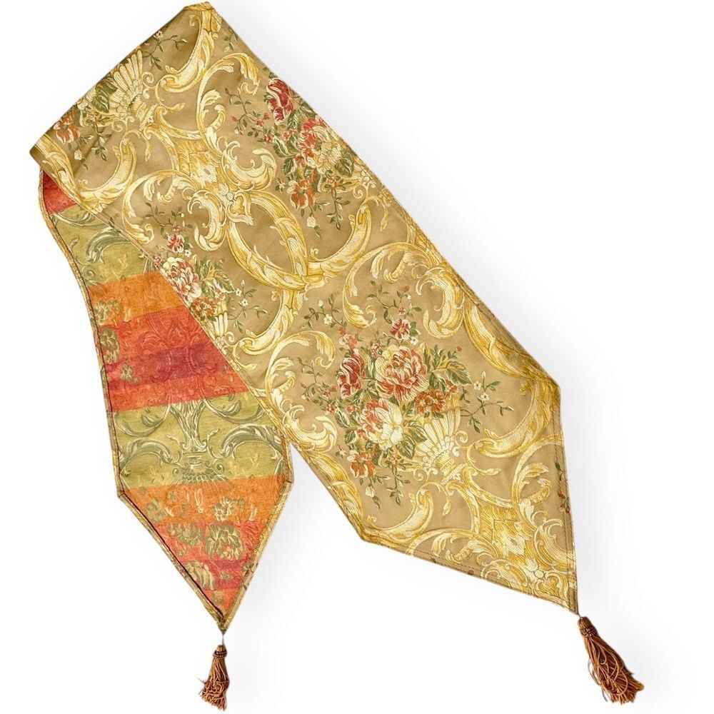 Golden Multi Color Floral Swirl Damask Pointed Tassel End Table Runner